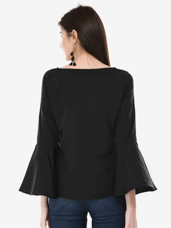 Black_Solid_Casual_Crepe_V-Neck_Bell_Sleeves_Top