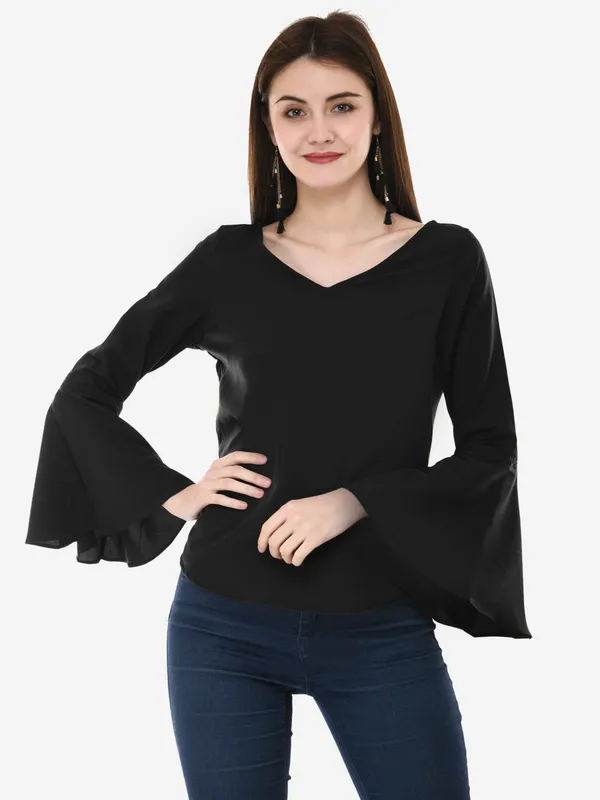 Black_Solid_Casual_Crepe_V-Neck_Bell_Sleeves_Top