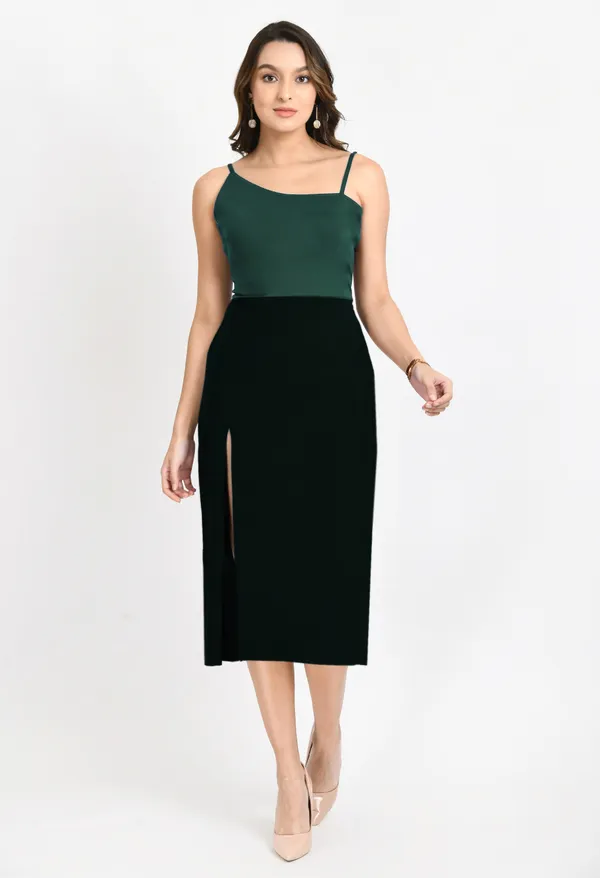 V&M_Green_And_Black_Color_Block_Front_Slit_dress_For_Women