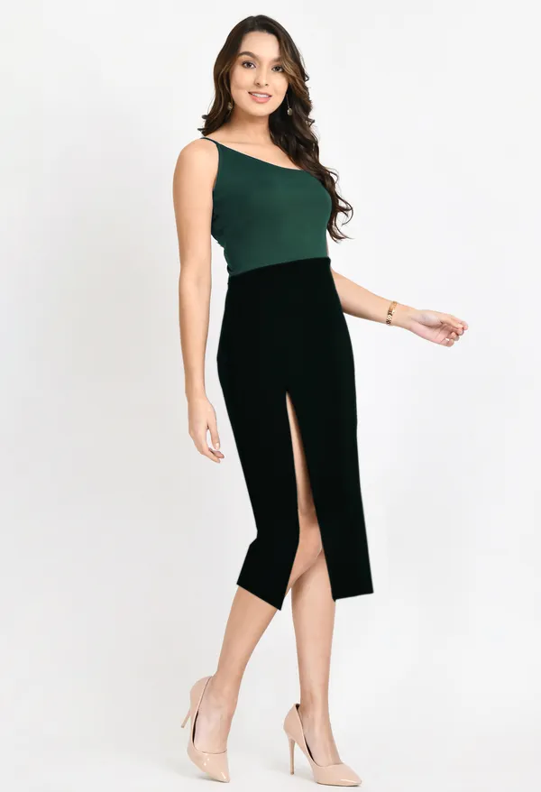 V&M_Green_And_Black_Color_Block_Front_Slit_dress_For_Women