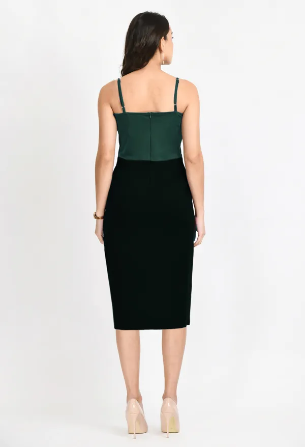 V&M_Green_And_Black_Color_Block_Front_Slit_dress_For_Women
