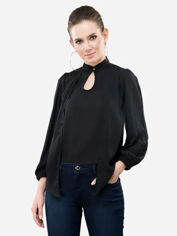 Black_Layered_Classy_Puff_Sleeves_Ban_Collared_Georgette_Blouse_Top