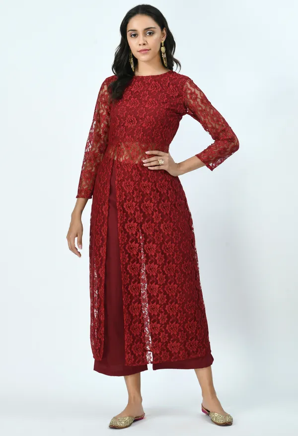 Maroon_High_Slit_Kurta_With_Palazzos_For_Women