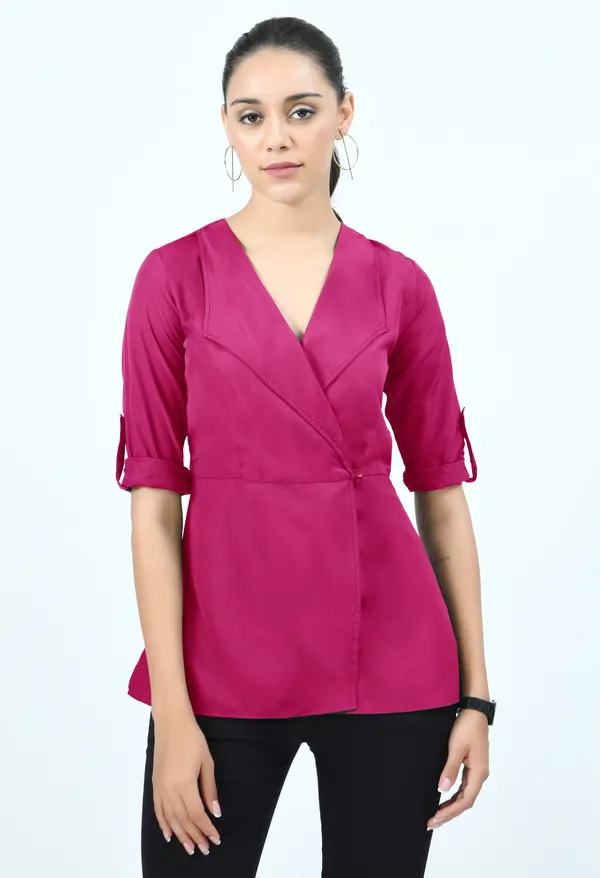 Pink_Roll-Up_Sleeves_Crepe_Wrap_Top_For_Women