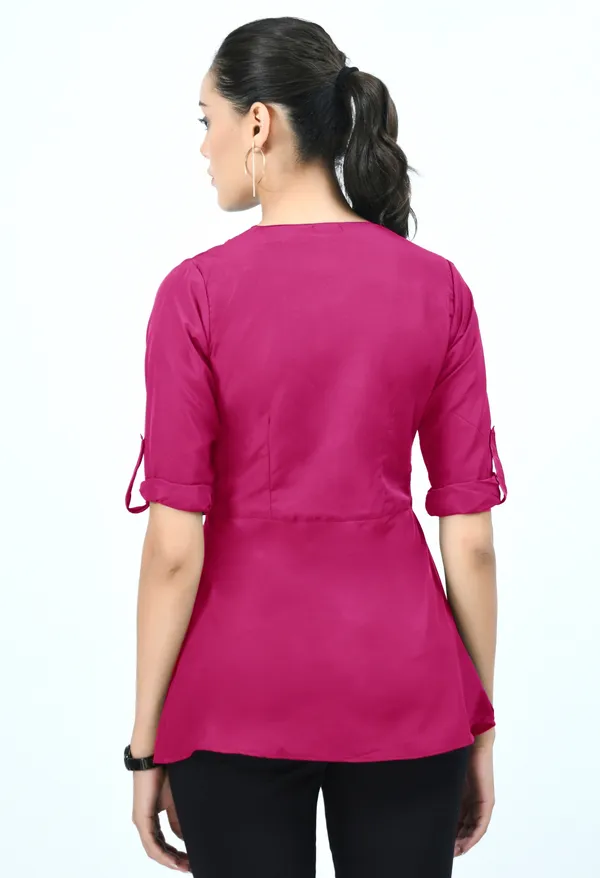 Pink_Roll-Up_Sleeves_Crepe_Wrap_Top_For_Women