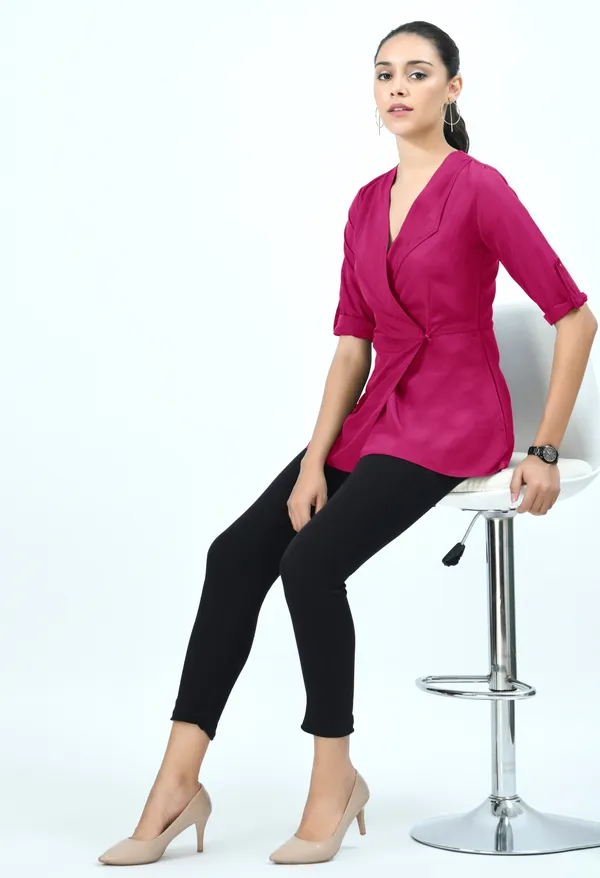Pink_Roll-Up_Sleeves_Crepe_Wrap_Top_For_Women