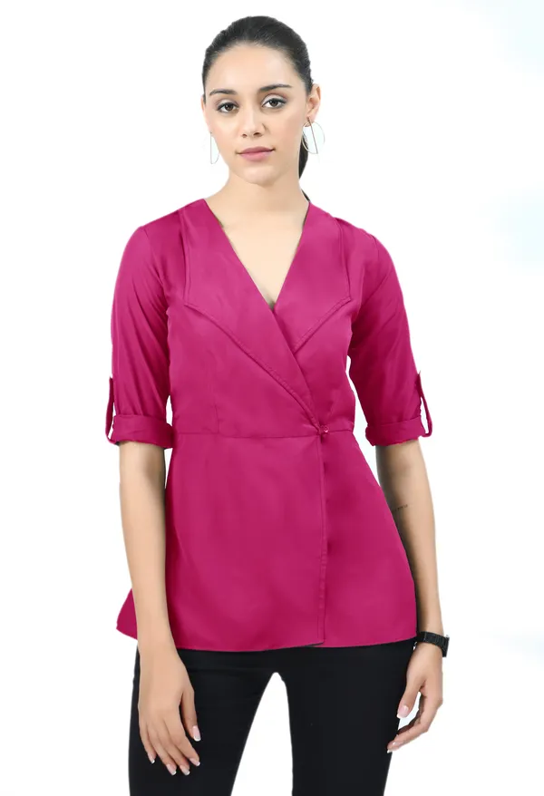 Pink_Roll-Up_Sleeves_Crepe_Wrap_Top_For_Women