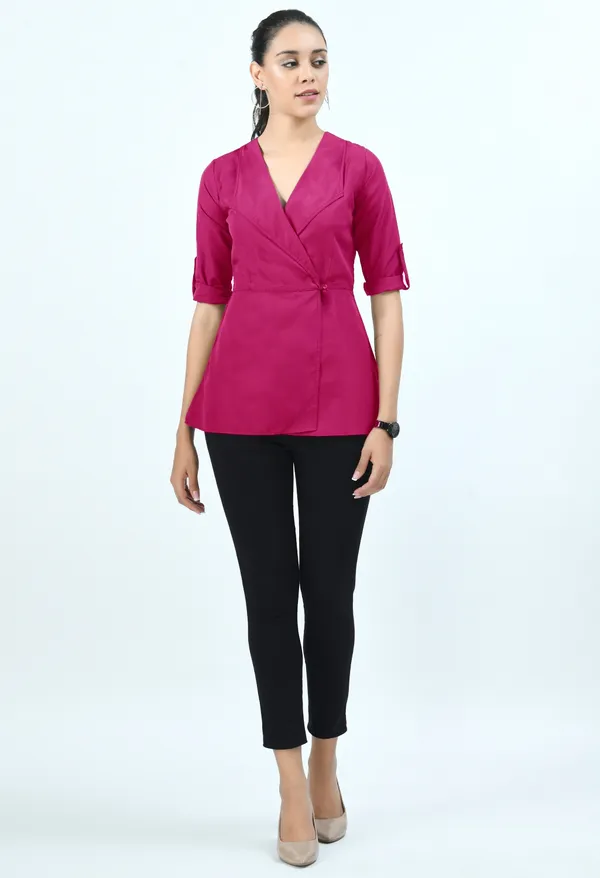 Pink_Roll-Up_Sleeves_Crepe_Wrap_Top_For_Women