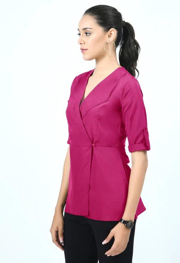 Pink_Roll-Up_Sleeves_Crepe_Wrap_Top_For_Women
