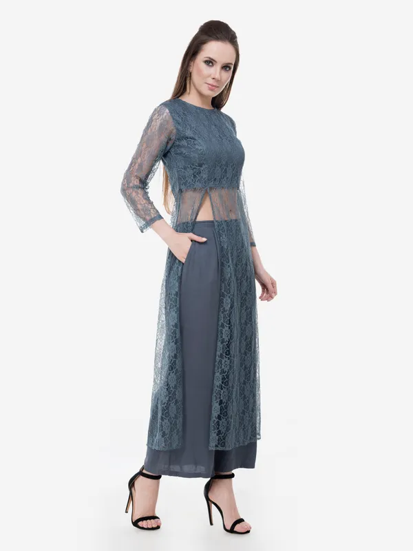 Grey_Designer_Lace_Kurta_Having_Front_Slit_Full_Sleeves_Comes_With_Palazzo_Fusion_Wear_Set_For_Women