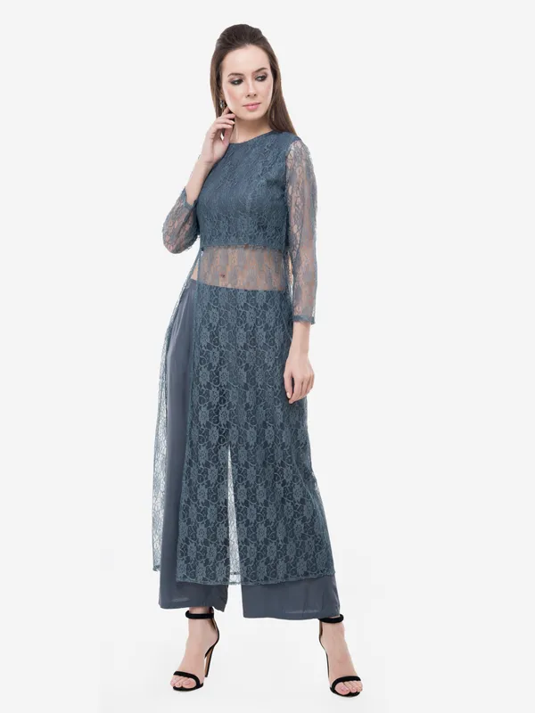 Grey_Designer_Lace_Kurta_Having_Front_Slit_Full_Sleeves_Comes_With_Palazzo_Fusion_Wear_Set_For_Women
