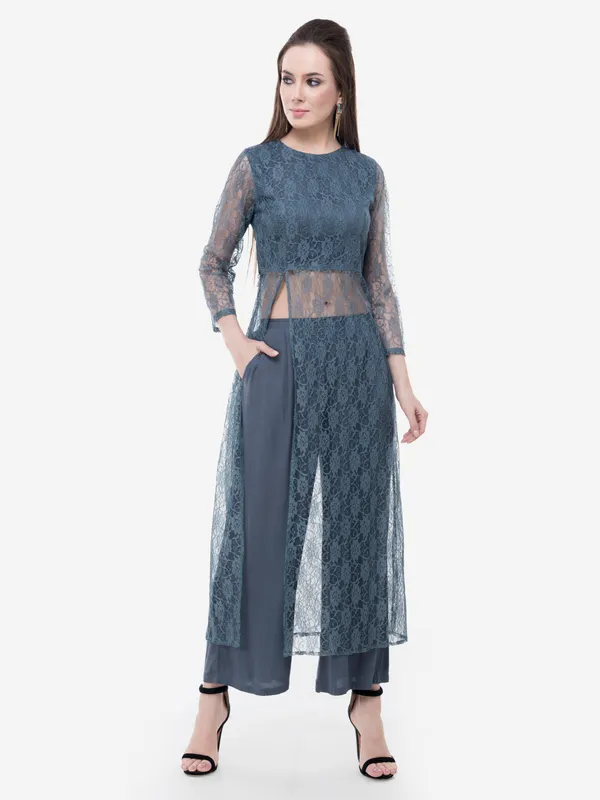 Grey_Designer_Lace_Kurta_Having_Front_Slit_Full_Sleeves_Comes_With_Palazzo_Fusion_Wear_Set_For_Women