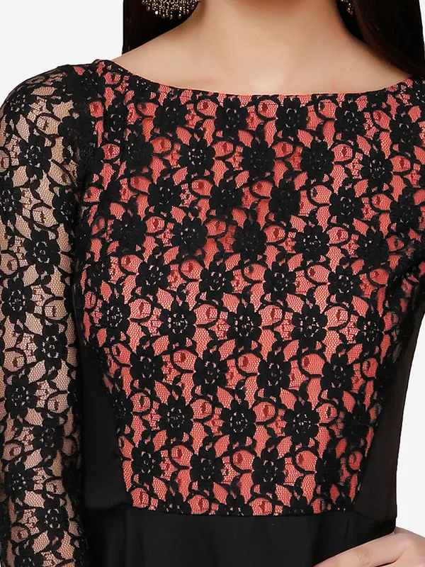Black_&_Peach_Floral_Lace_3/4_Sleeves_Evening_Long_Maxi_Gown_Dress