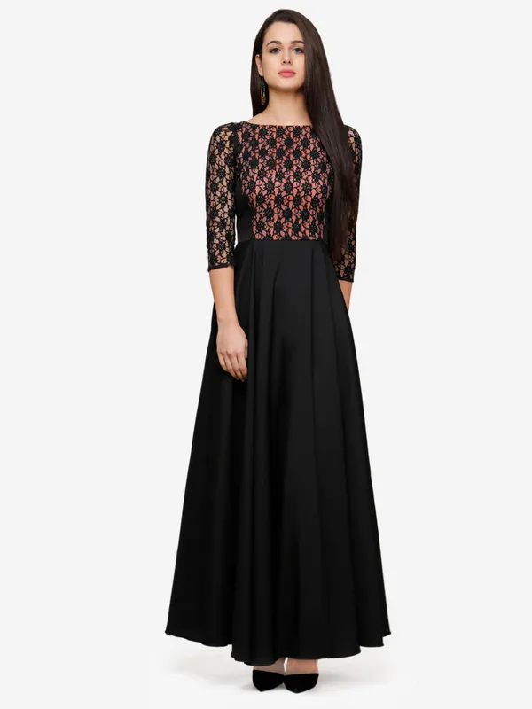 Black_&_Peach_Floral_Lace_3/4_Sleeves_Evening_Long_Maxi_Gown_Dress