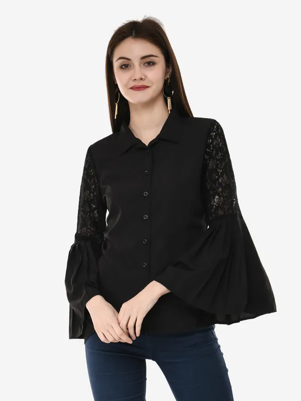 Black_Designer_Button_Down_Shirt_With_Pleated_Bell_Sleeves_Top_For_Women