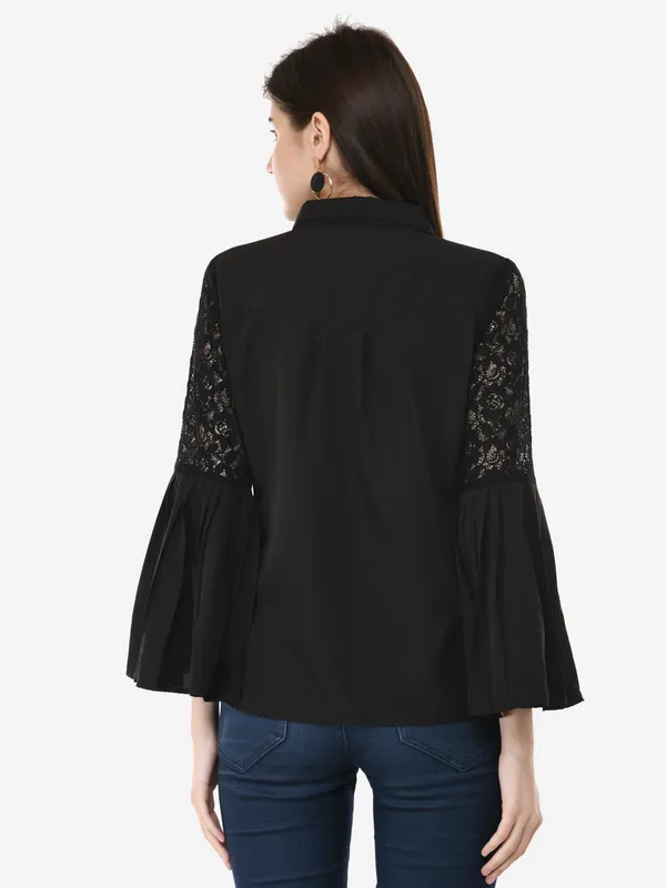 Black_Designer_Button_Down_Shirt_With_Pleated_Bell_Sleeves_Top_For_Women