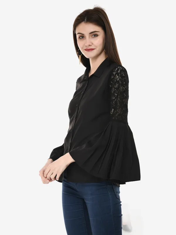 Black_Designer_Button_Down_Shirt_With_Pleated_Bell_Sleeves_Top_For_Women