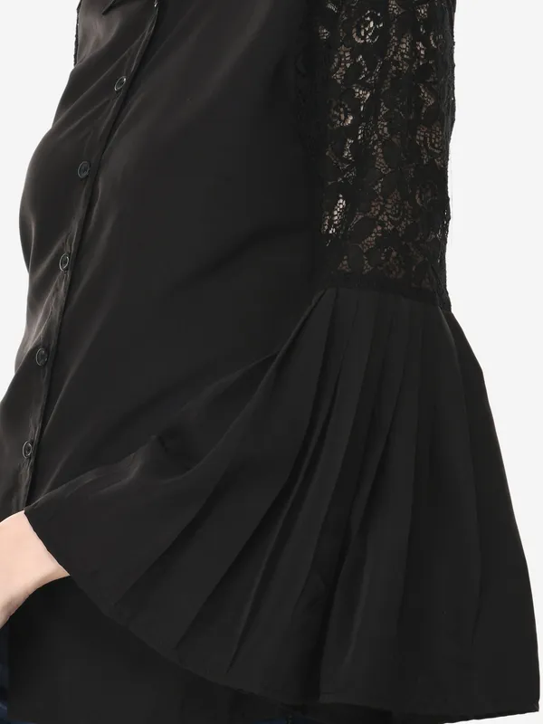 Black_Designer_Button_Down_Shirt_With_Pleated_Bell_Sleeves_Top_For_Women