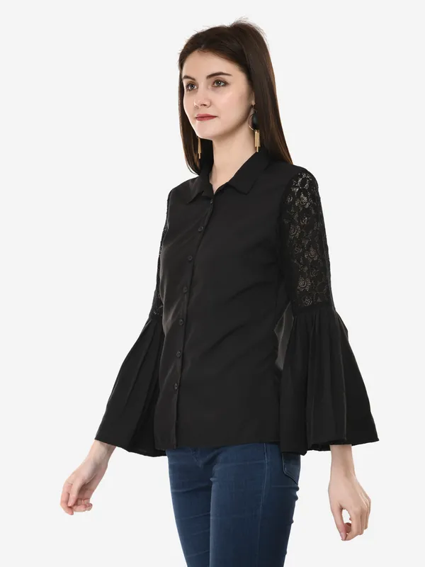 Black_Designer_Button_Down_Shirt_With_Pleated_Bell_Sleeves_Top_For_Women
