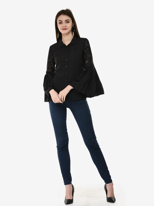 Black_Designer_Button_Down_Shirt_With_Pleated_Bell_Sleeves_Top_For_Women