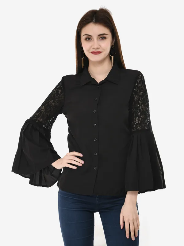Black_Designer_Button_Down_Shirt_With_Pleated_Bell_Sleeves_Top_For_Women