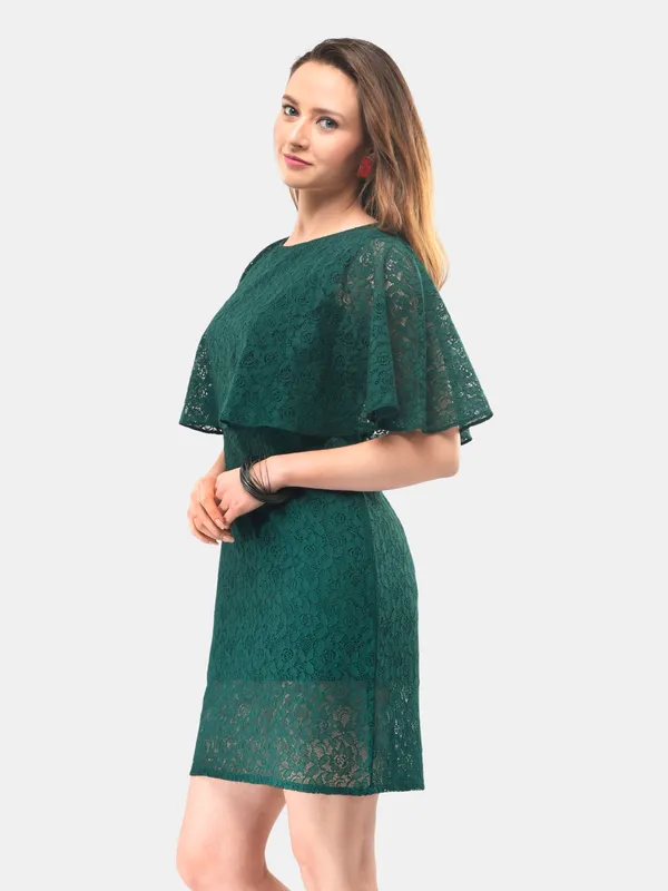 Green_Cotton_Lace_Cape_Sleeves_Shift_Dress_For_Women
