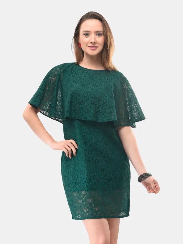 Green_Cotton_Lace_Cape_Sleeves_Shift_Dress_For_Women