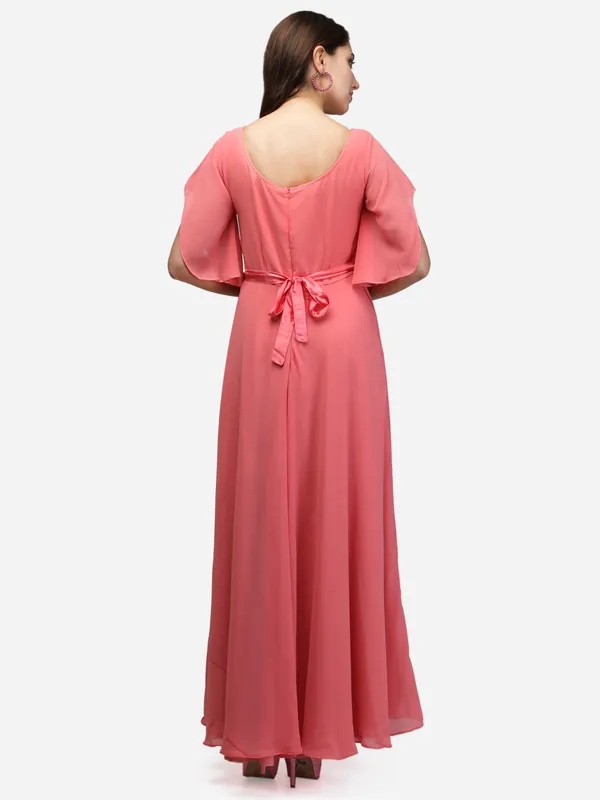 Pastle_Pink_Party_Wear_Designer_Bell_Sleeves_Flared_Princess_Cut_Floor_Length_Long_Crepe_Gown_Dress_With_Pockets_&_Fabric_Belt