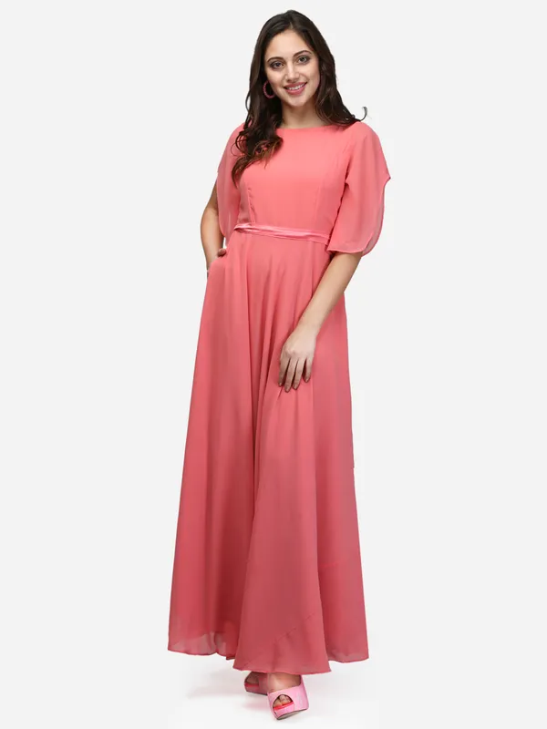 Pastle_Pink_Party_Wear_Designer_Bell_Sleeves_Flared_Princess_Cut_Floor_Length_Long_Crepe_Gown_Dress_With_Pockets_&_Fabric_Belt