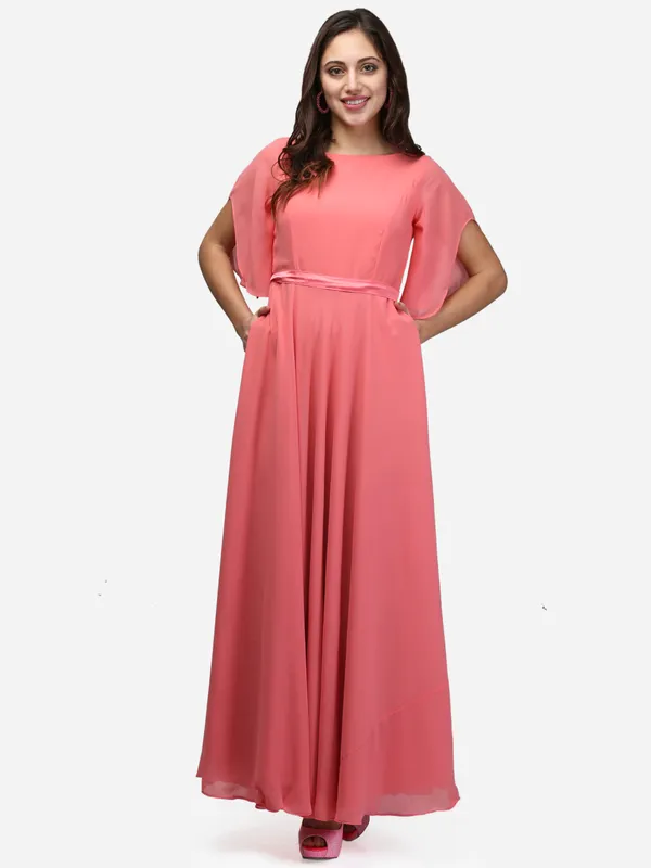 Pastle_Pink_Party_Wear_Designer_Bell_Sleeves_Flared_Princess_Cut_Floor_Length_Long_Crepe_Gown_Dress_With_Pockets_&_Fabric_Belt