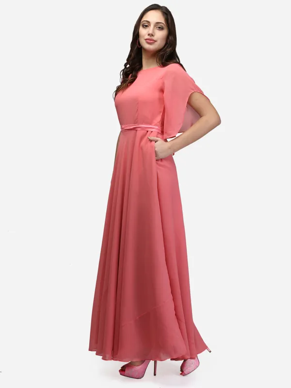 Pastle_Pink_Party_Wear_Designer_Bell_Sleeves_Flared_Princess_Cut_Floor_Length_Long_Crepe_Gown_Dress_With_Pockets_&_Fabric_Belt