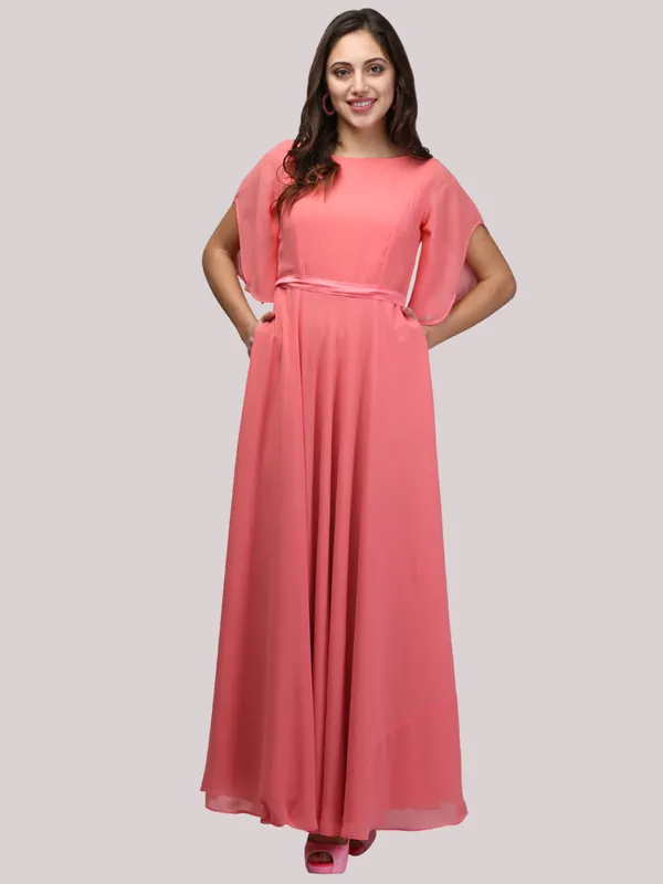 Pastle_Pink_Party_Wear_Designer_Bell_Sleeves_Flared_Princess_Cut_Floor_Length_Long_Crepe_Gown_Dress_With_Pockets_&_Fabric_Belt