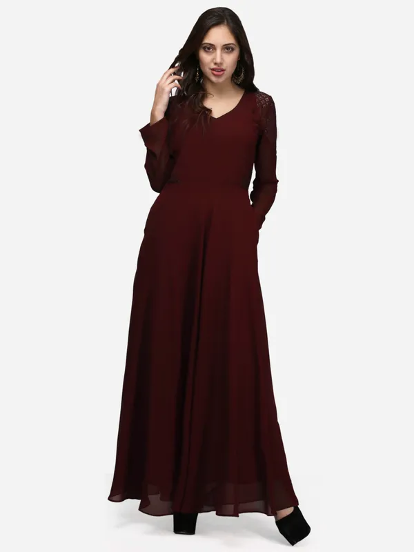 Brown_V-Neck_Full_Sleeves_Long_Maxi_Gown