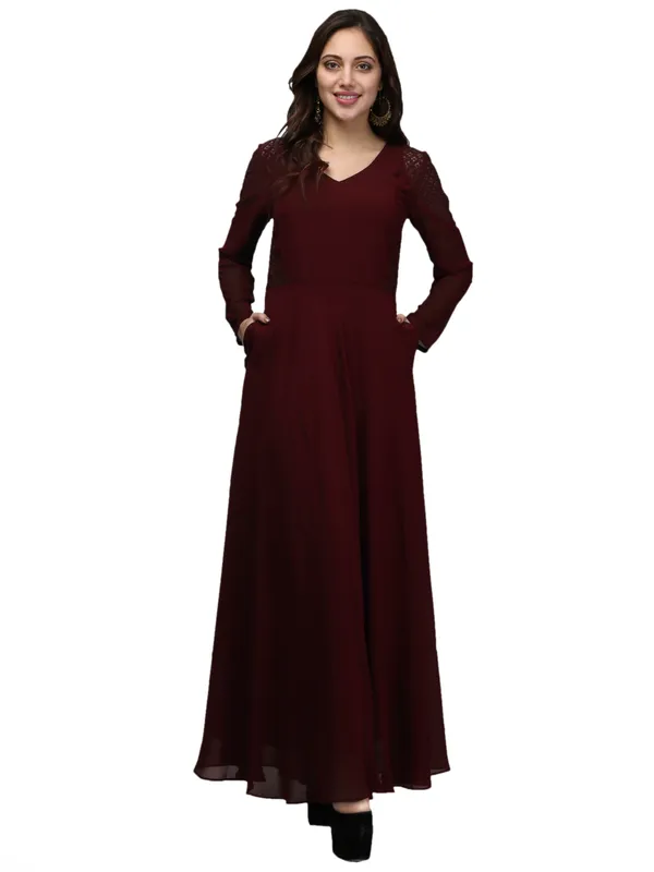 Brown_V-Neck_Full_Sleeves_Long_Maxi_Gown