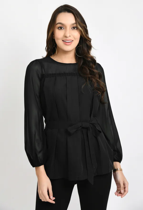 V&M_Black_Pleated_Waist_Tie-up_Top_For_Womem