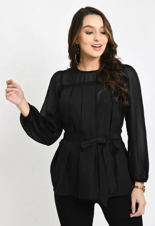 V&M_Black_Pleated_Waist_Tie-up_Top_For_Womem