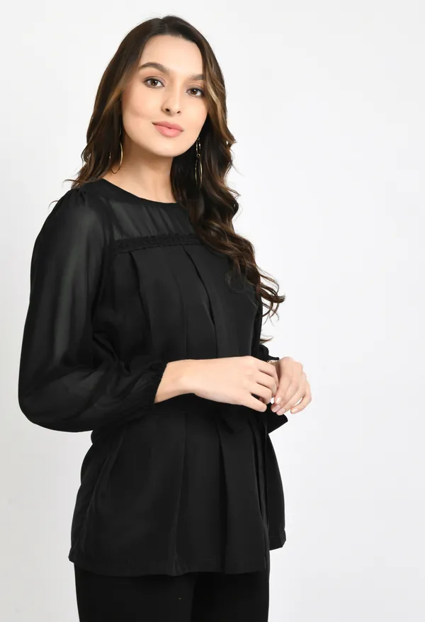V&M_Black_Pleated_Waist_Tie-up_Top_For_Womem