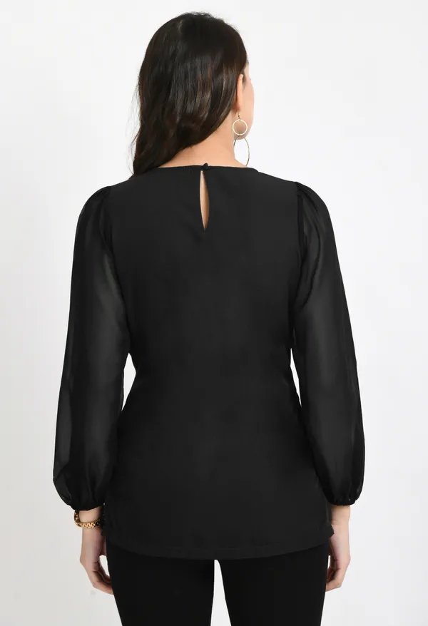 V&M_Black_Pleated_Waist_Tie-up_Top_For_Womem