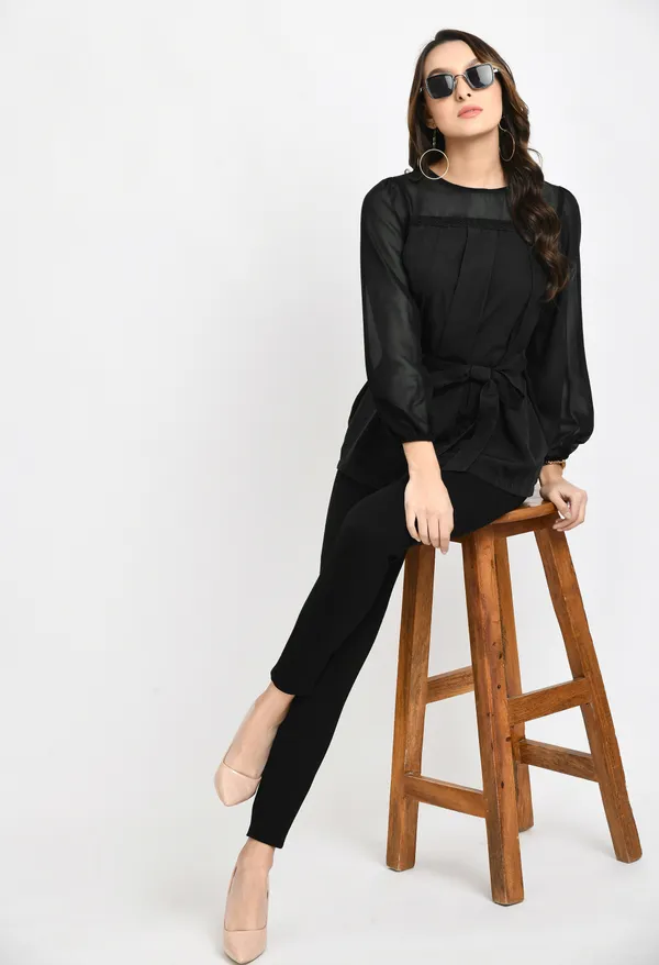 V&M_Black_Pleated_Waist_Tie-up_Top_For_Womem