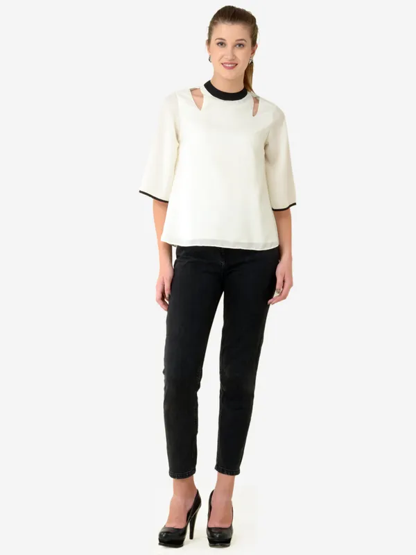 White_&_Black_Printed_Kimono_Sleeves_Ban_Collar_A-Line_Top