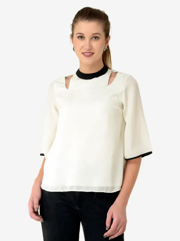 White_&_Black_Printed_Kimono_Sleeves_Ban_Collar_A-Line_Top