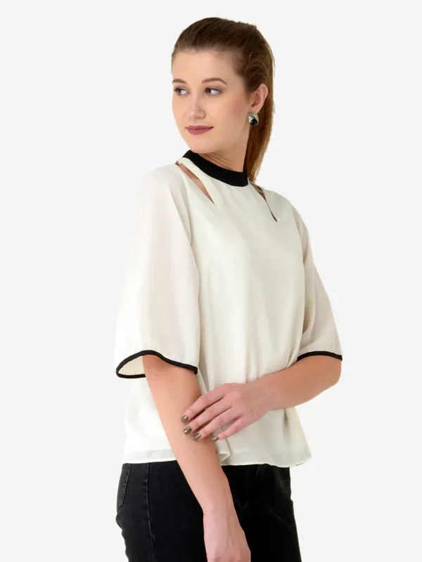 White_&_Black_Printed_Kimono_Sleeves_Ban_Collar_A-Line_Top