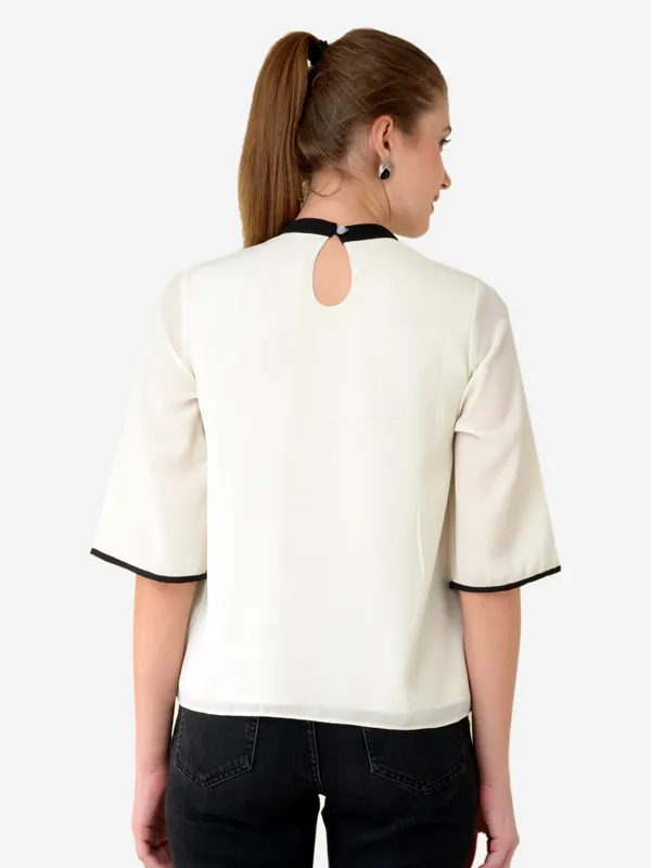 White_&_Black_Printed_Kimono_Sleeves_Ban_Collar_A-Line_Top