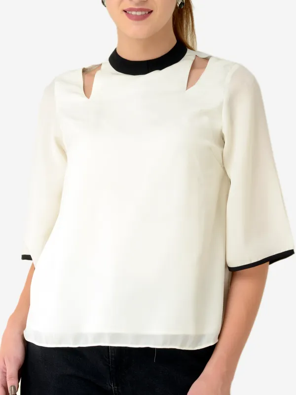 White_&_Black_Printed_Kimono_Sleeves_Ban_Collar_A-Line_Top