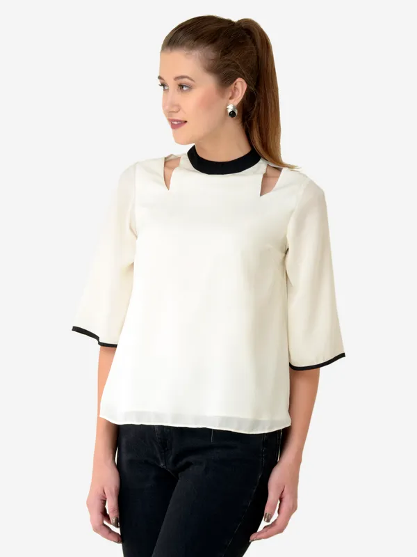 White_&_Black_Printed_Kimono_Sleeves_Ban_Collar_A-Line_Top