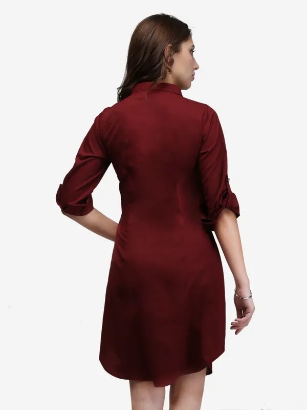 Maroon_Crepe_Button_Up_Roll_Up_Sleeves_Summer_Shirt_Dress