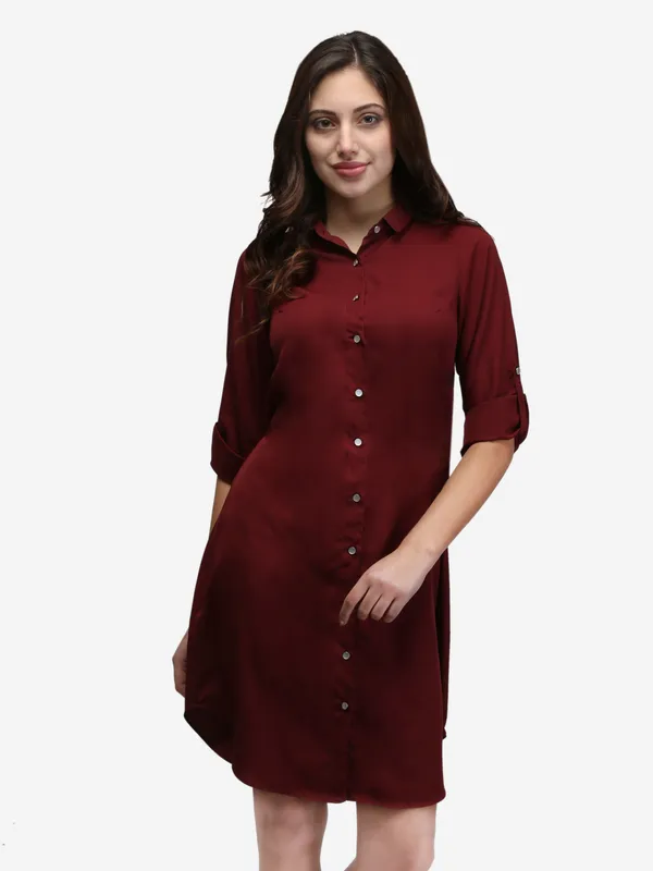 Maroon_Crepe_Button_Up_Roll_Up_Sleeves_Summer_Shirt_Dress
