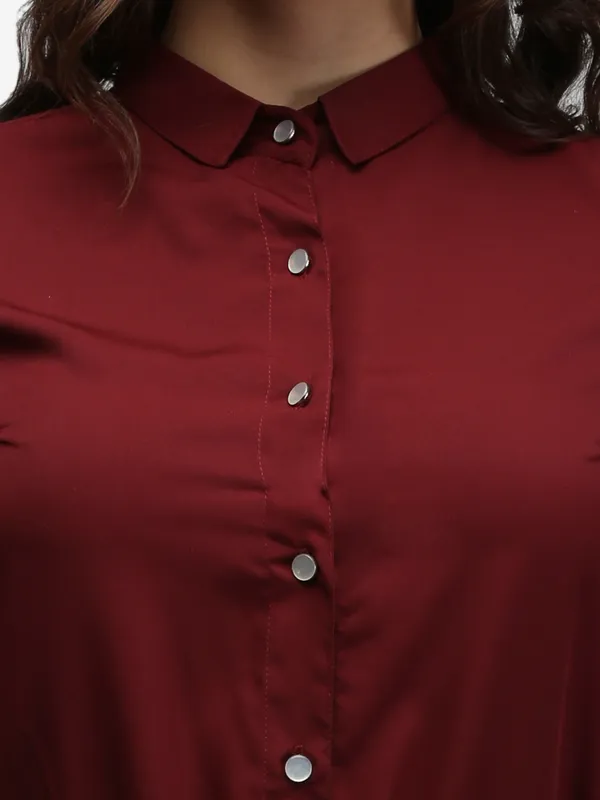 Maroon_Crepe_Button_Up_Roll_Up_Sleeves_Summer_Shirt_Dress