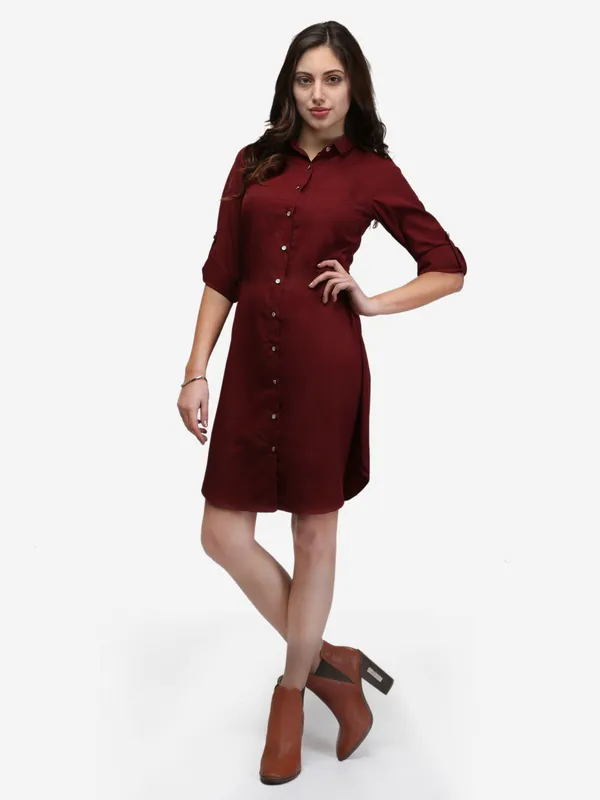 Maroon_Crepe_Button_Up_Roll_Up_Sleeves_Summer_Shirt_Dress