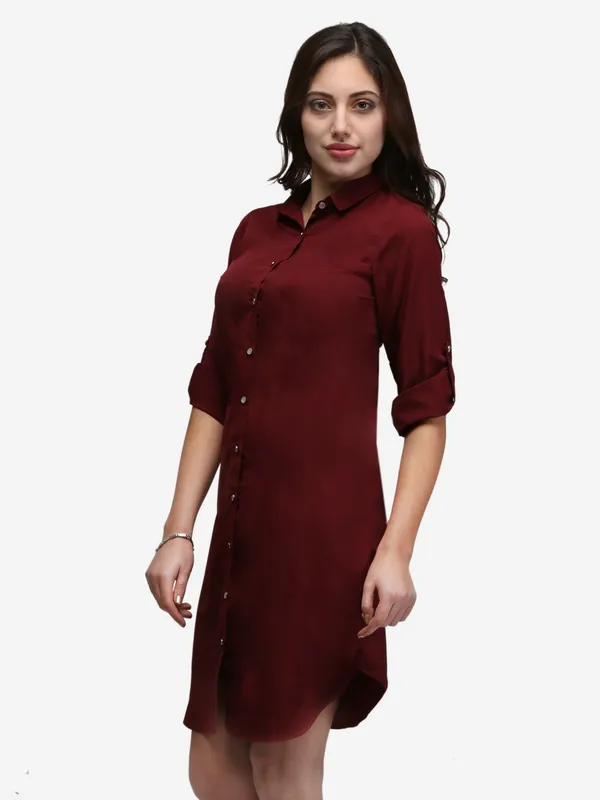 Maroon_Crepe_Button_Up_Roll_Up_Sleeves_Summer_Shirt_Dress